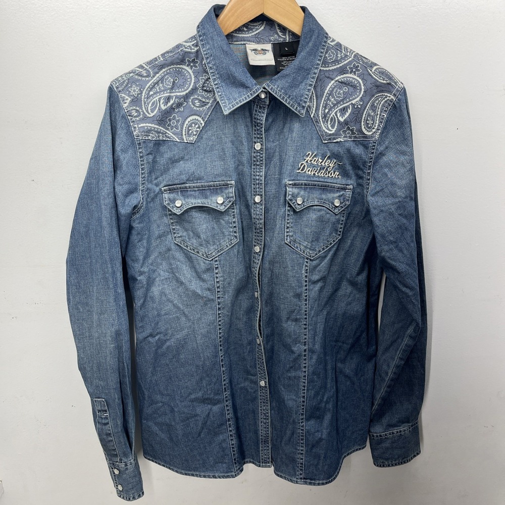 Vintage Harley Davidson Women's Large Pearl Snap Western Long Sleeve Button Up - Picture 2 of 14